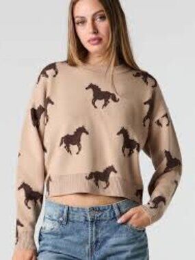 Arden B Tan Horse-Print Crewneck Sweater Long Sleeve Size Small Women's